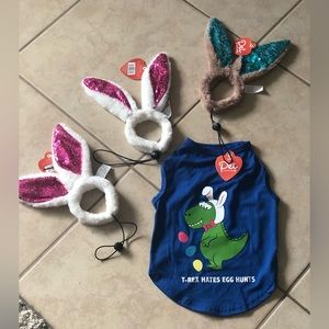 🐰 NWT lot of Easter small pet wear T Rex t shirt and 3 bunny ears total 4 pieces
